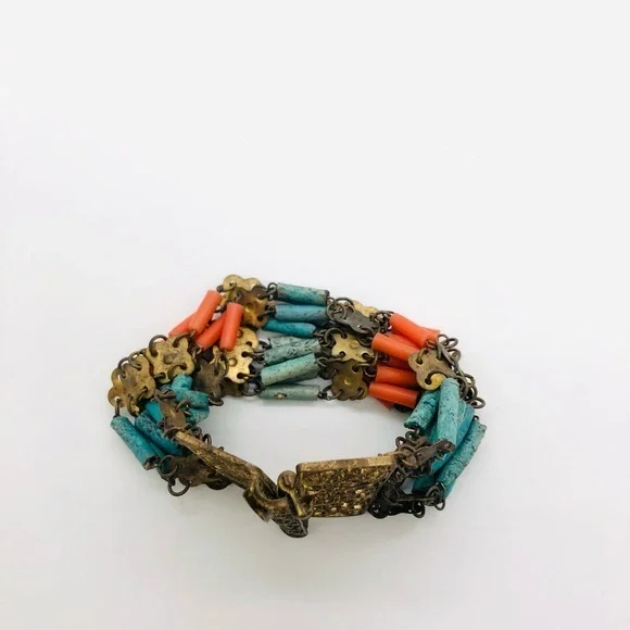 Rare Vintage Egyptian Revival Faience brass filigree bracelet - Picture 5 of 16